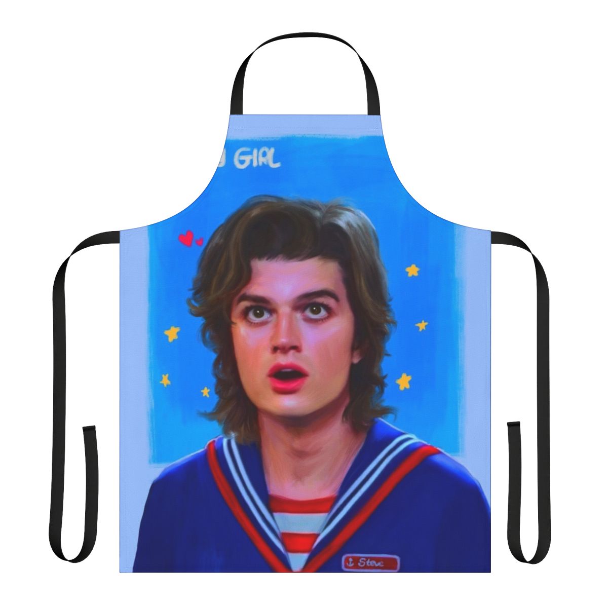 Steve Harrington from Stranger Things character illustrated on a high-quality apron