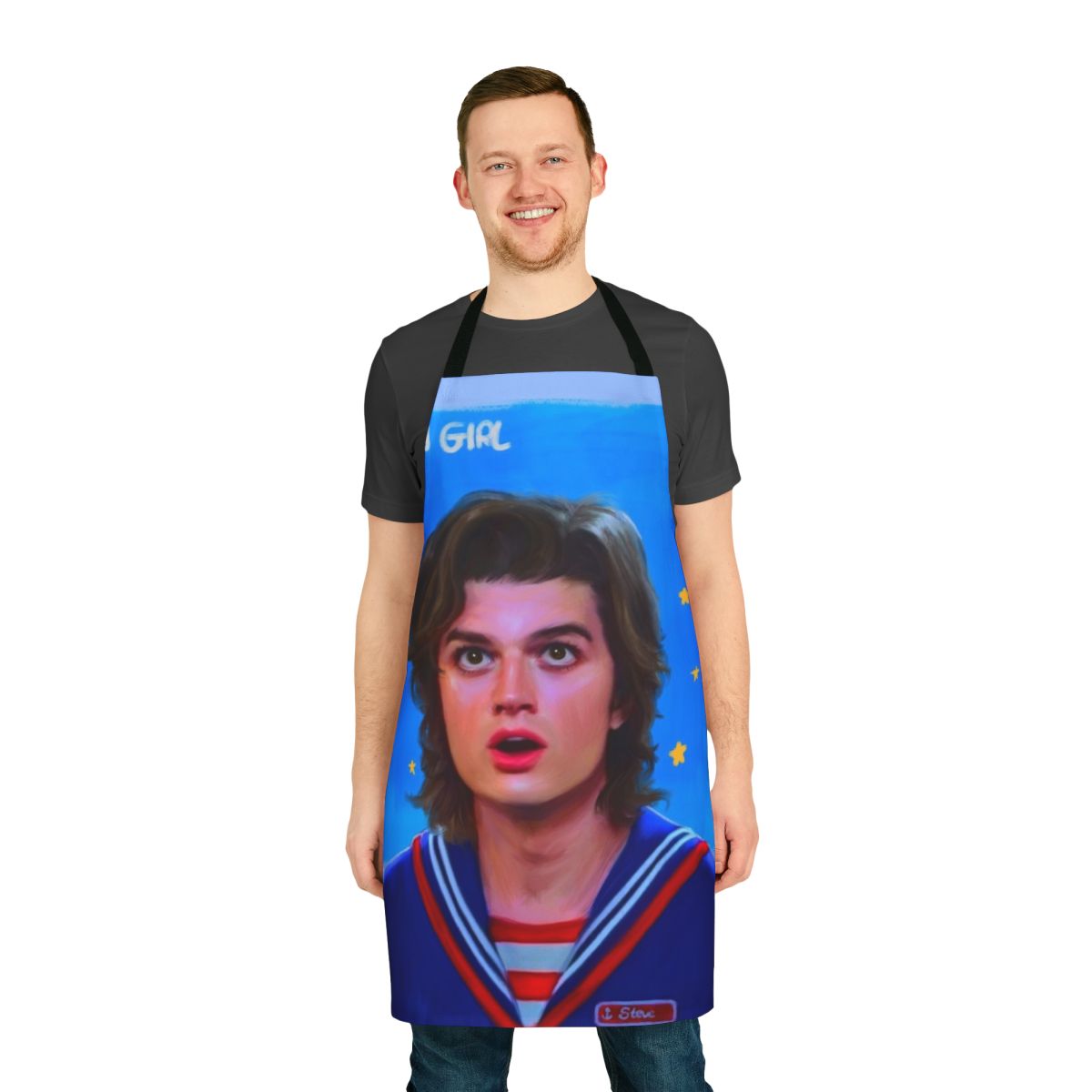Steve Harrington from Stranger Things character illustrated on a high-quality apron