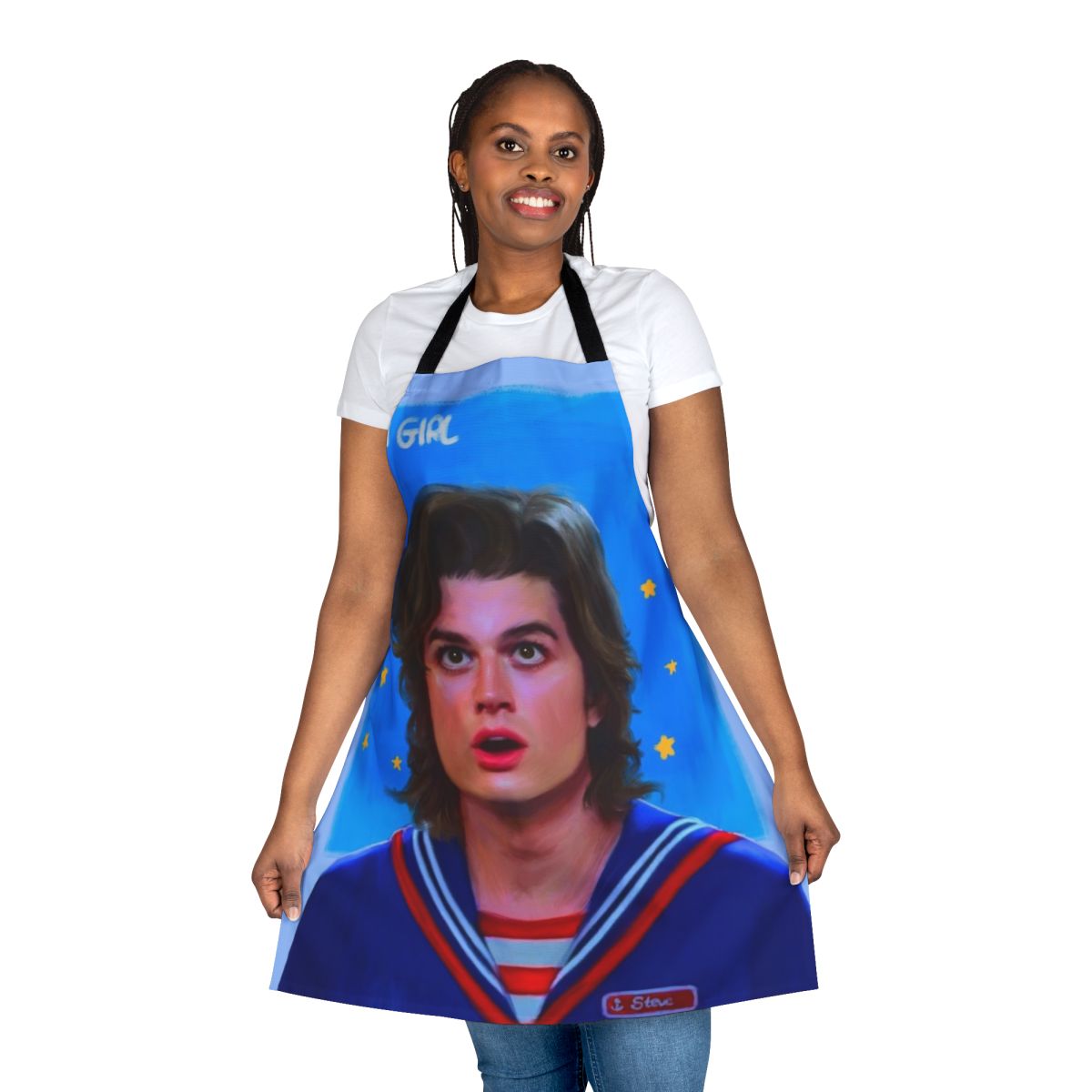 Steve Harrington from Stranger Things character illustrated on a high-quality apron