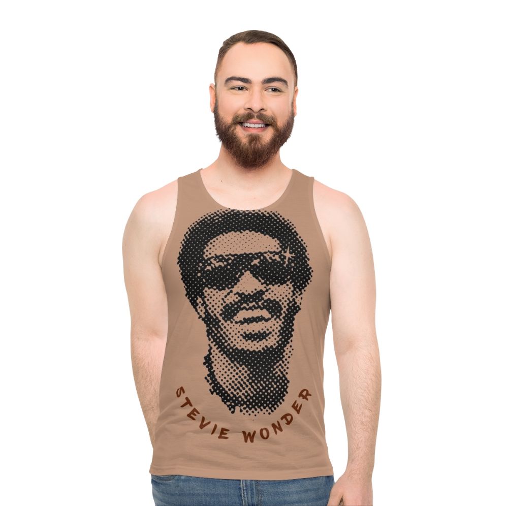Unisex tank top featuring a portrait of musical icon Stevie Wonder
