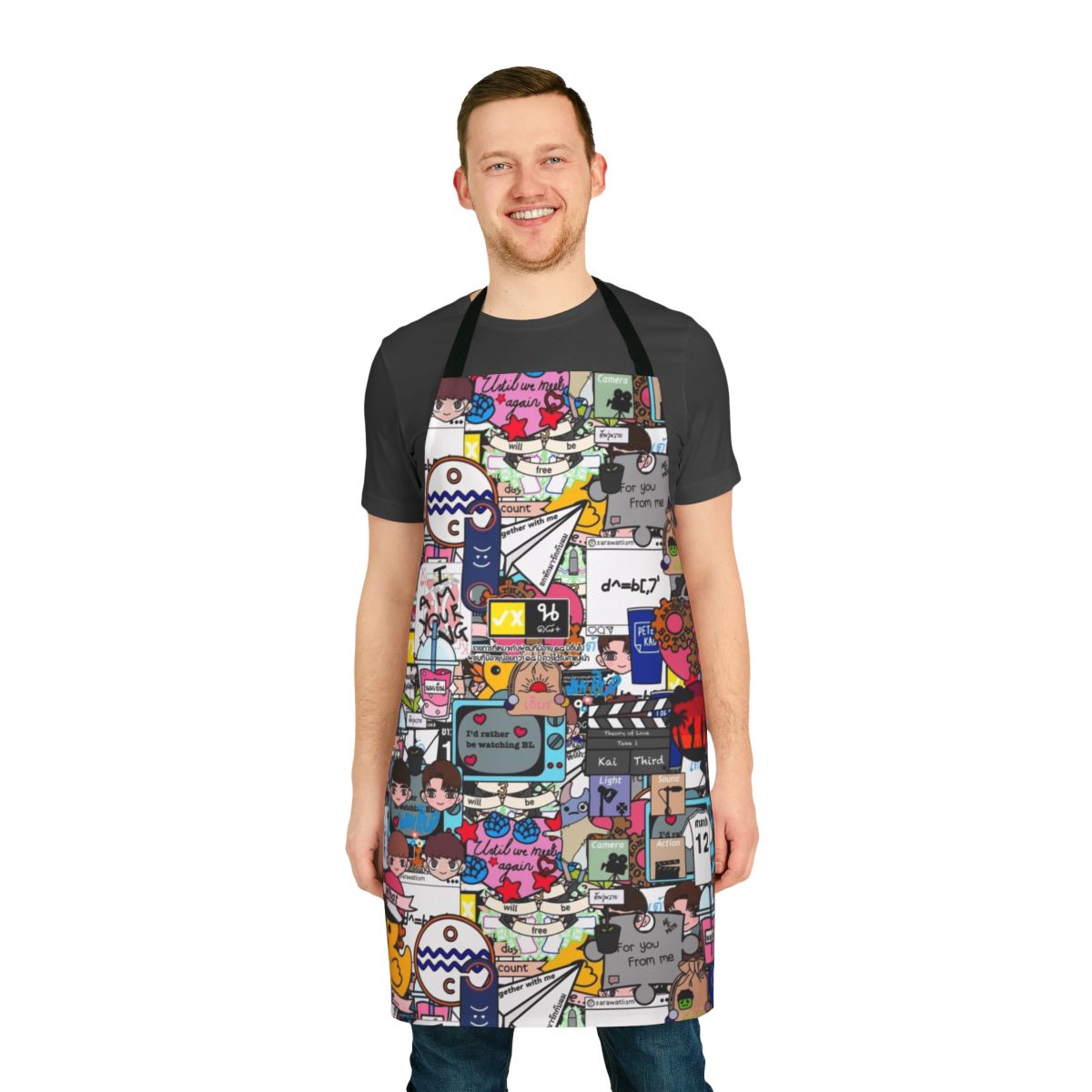Sticker bombed apron featuring BL (Boys' Love) themed design