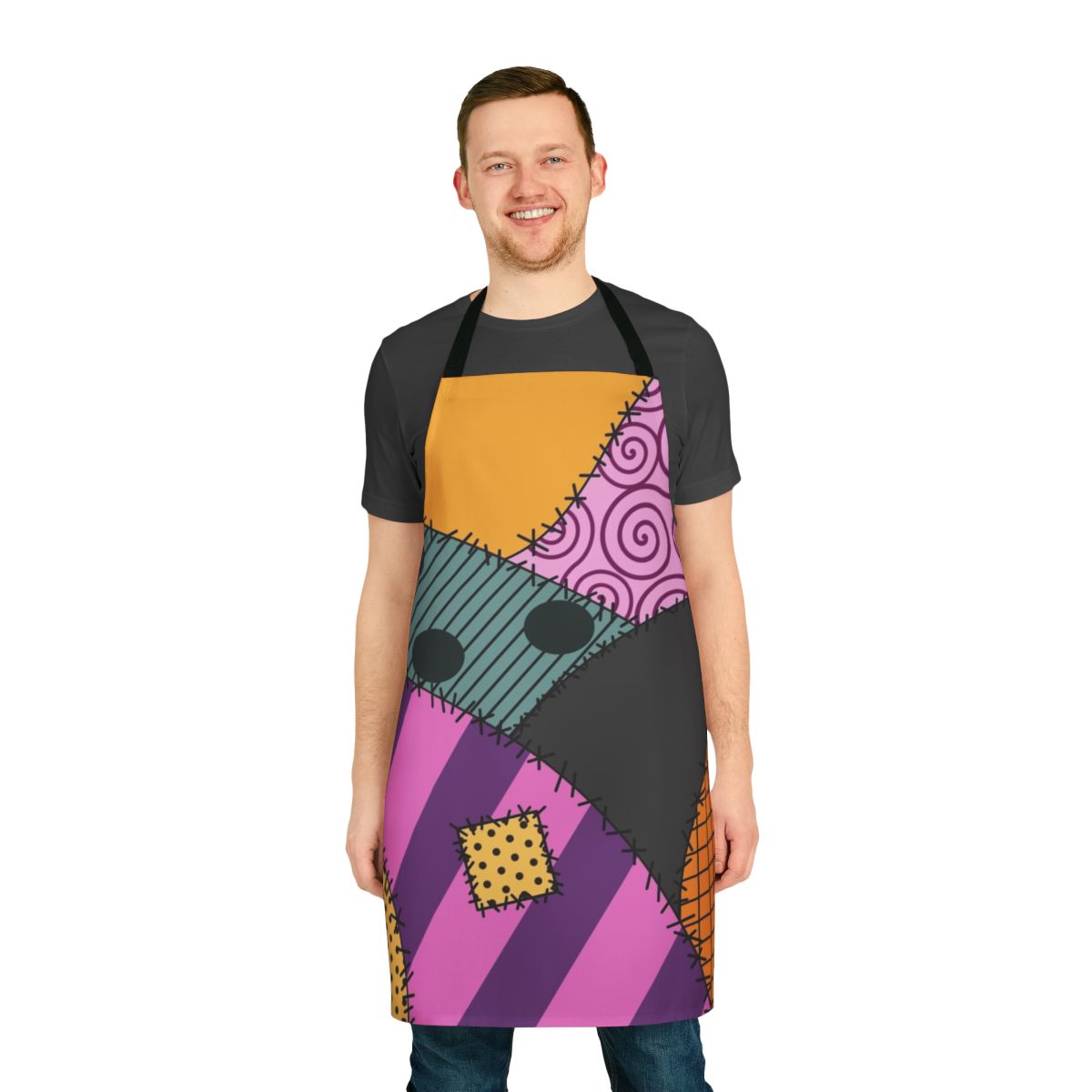 A patchwork apron featuring the character Sally from The Nightmare Before Christmas