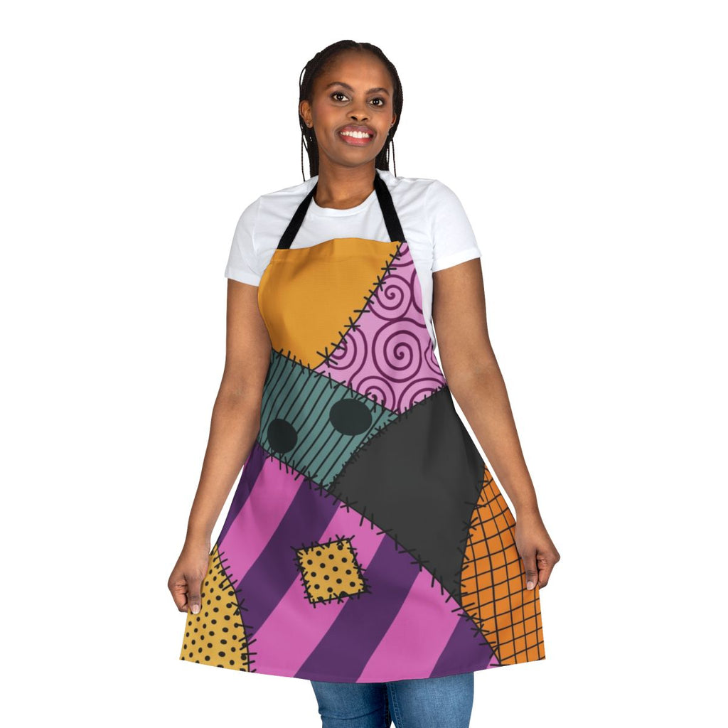 A patchwork apron featuring the character Sally from The Nightmare Before Christmas
