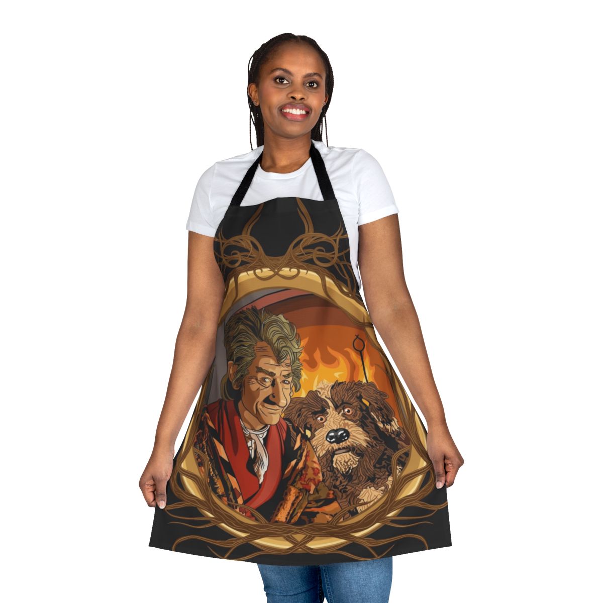 A vintage-style apron featuring a whimsical storytelling design, perfect for fans of classic fantasy TV series.