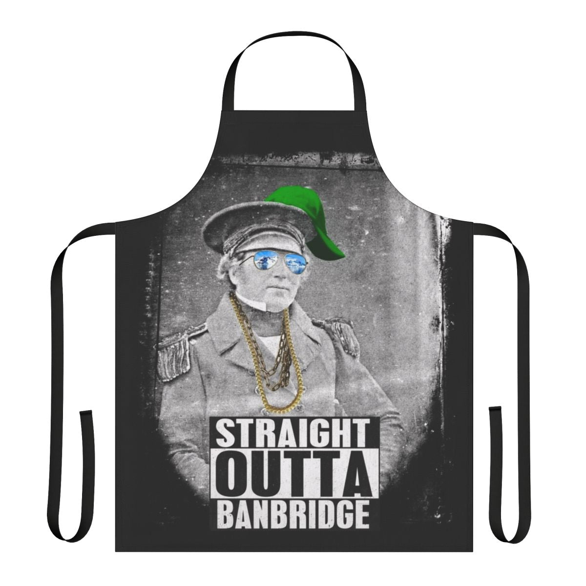 Straight Outta Banbridge Apron featuring a black and white parody design inspired by Francis Crozier and the Franklin Expedition