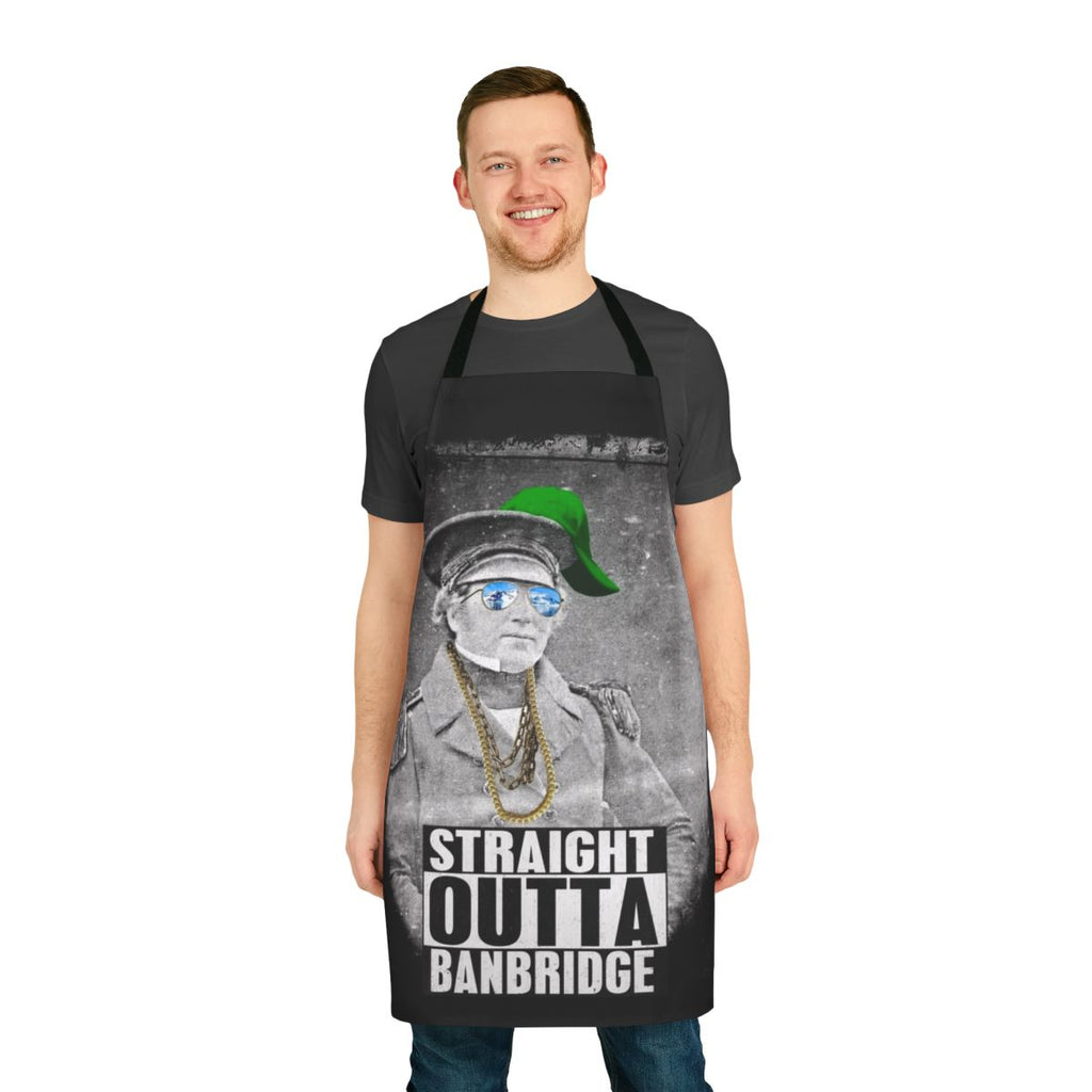Straight Outta Banbridge Apron featuring a black and white parody design inspired by Francis Crozier and the Franklin Expedition