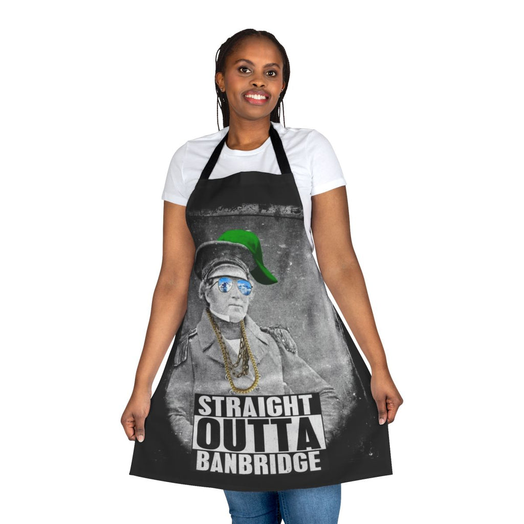 Straight Outta Banbridge Apron featuring a black and white parody design inspired by Francis Crozier and the Franklin Expedition