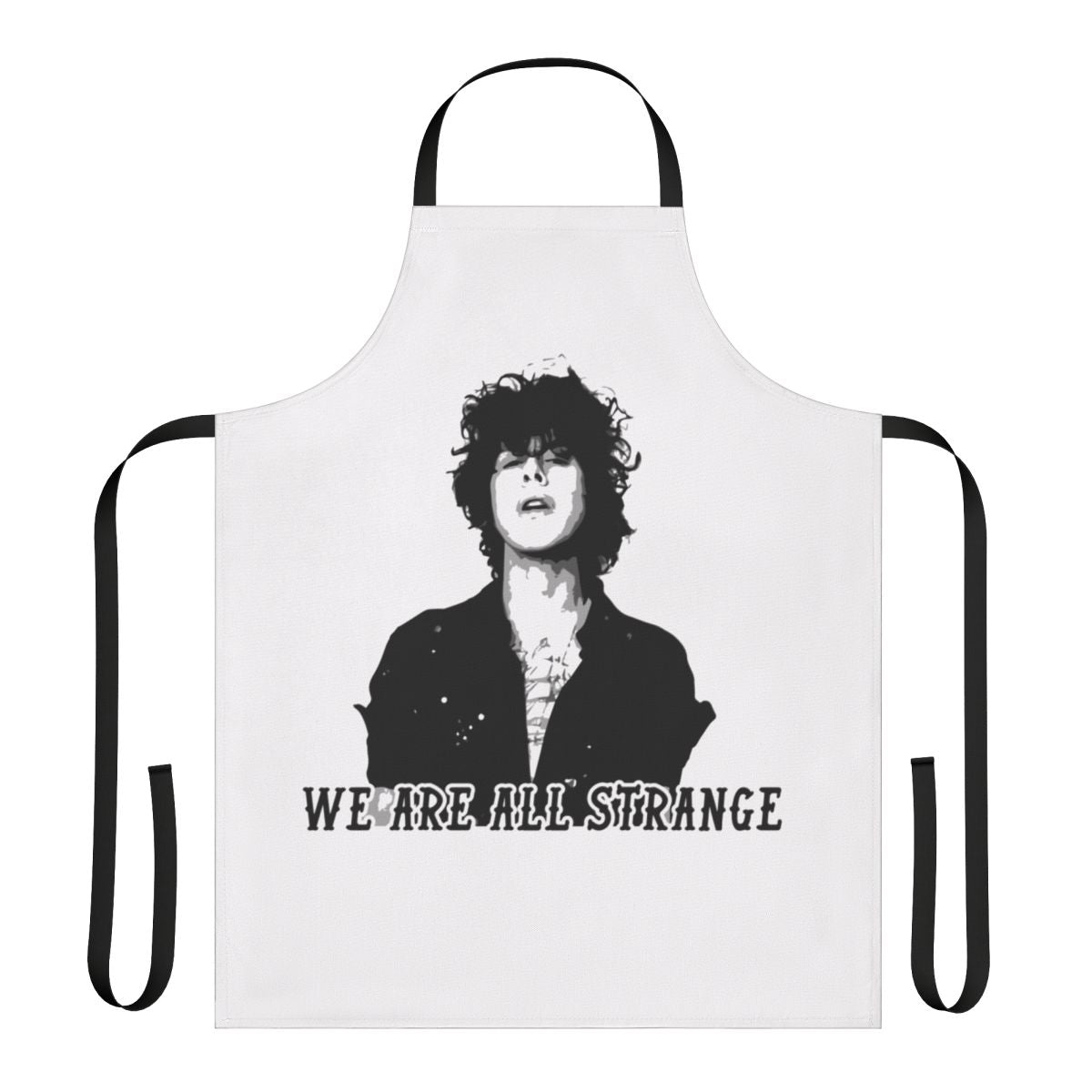 Unique apron design with portrait of indie pop singer LP (Laura Pergolizzi) with curly hair and distinctive style.