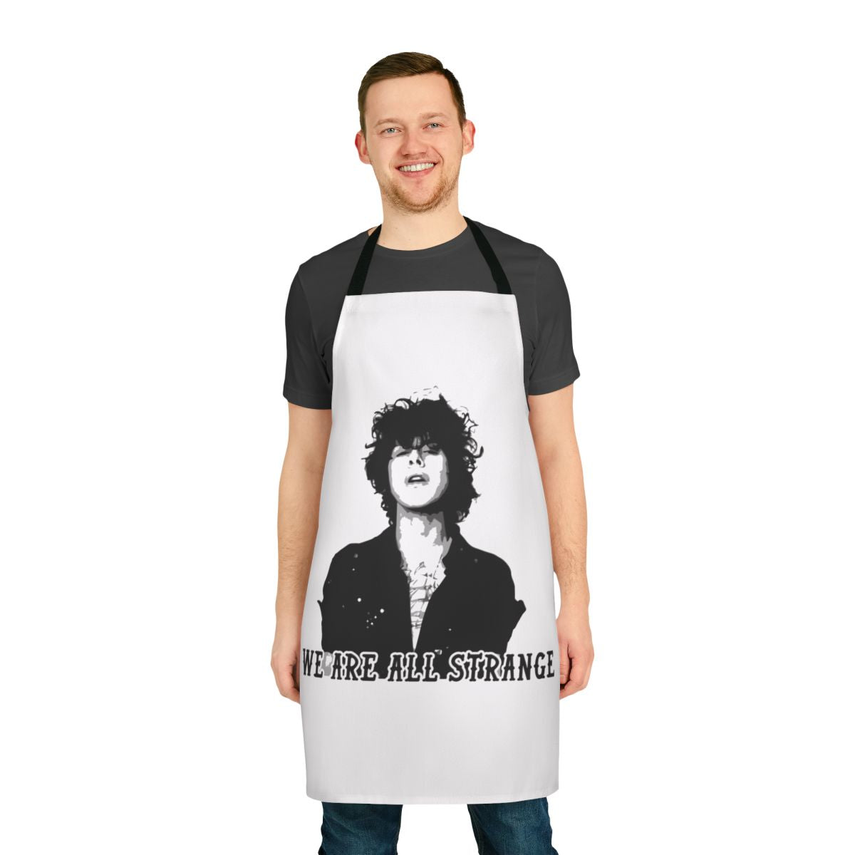 Unique apron design with portrait of indie pop singer LP (Laura Pergolizzi) with curly hair and distinctive style.