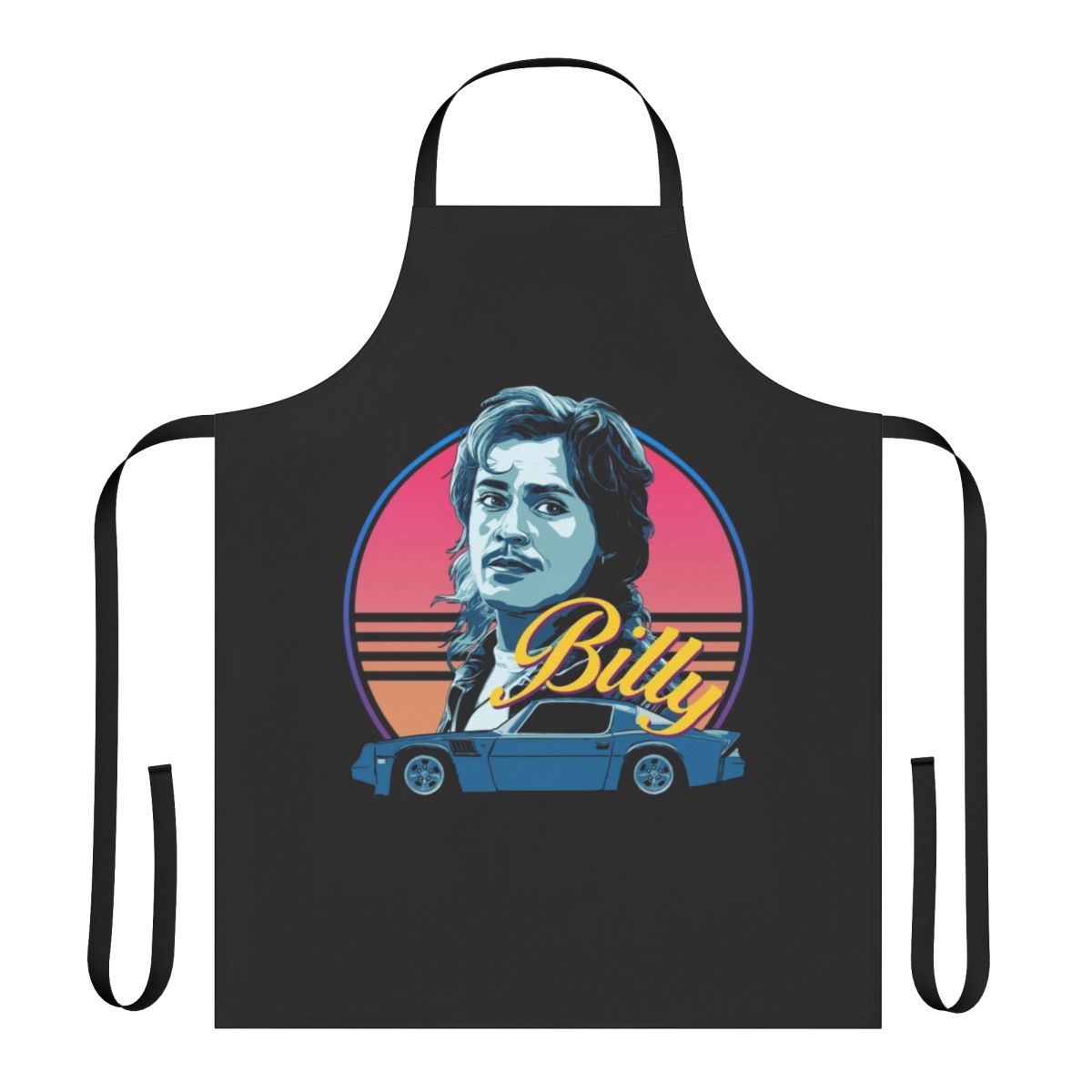 Stranger Things 80s style apron featuring characters like Billy Hargrove, Dustin Henderson, and more.