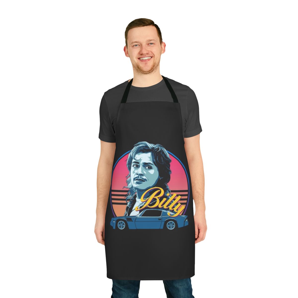 Stranger Things 80s style apron featuring characters like Billy Hargrove, Dustin Henderson, and more.