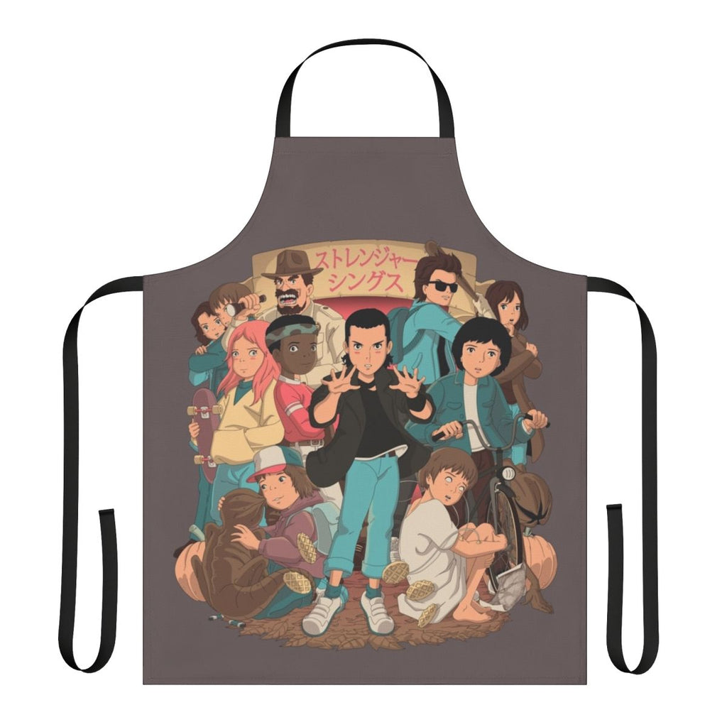 Stranger Things inspired anime-style apron featuring characters like Eleven, Dustin, and the Demogorgon.