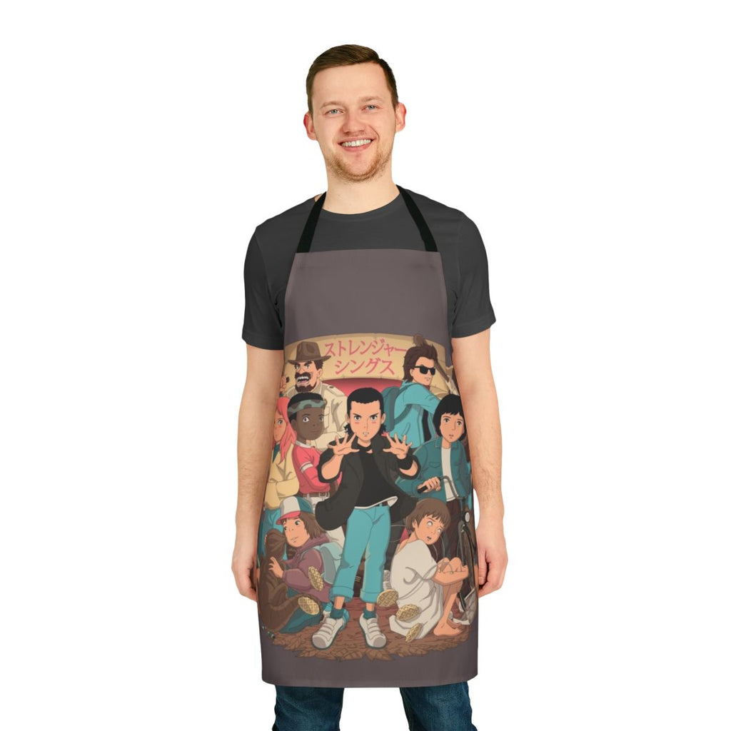 Stranger Things inspired anime-style apron featuring characters like Eleven, Dustin, and the Demogorgon.