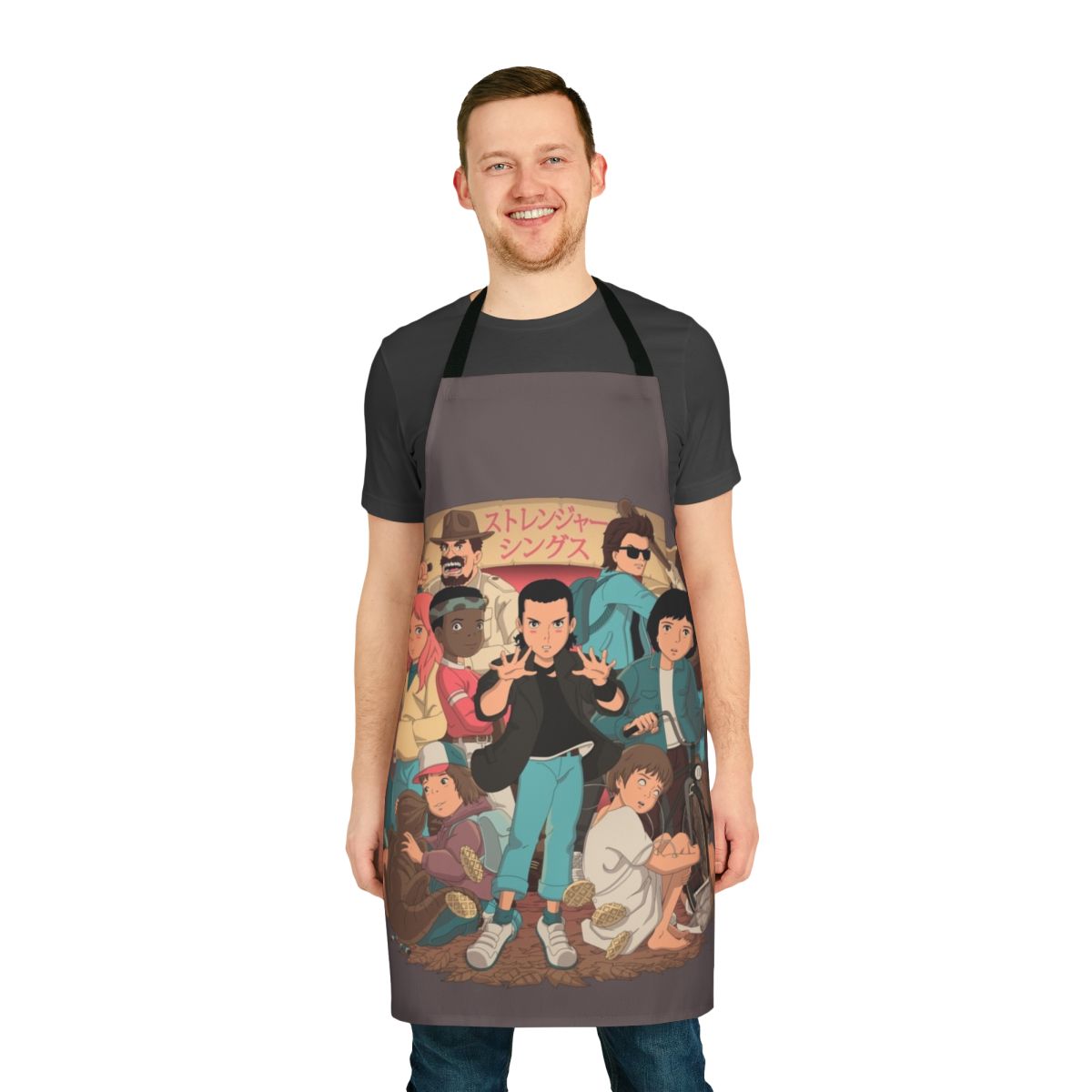 Stranger Things inspired anime-style apron featuring characters like Eleven, Dustin, and the Demogorgon.