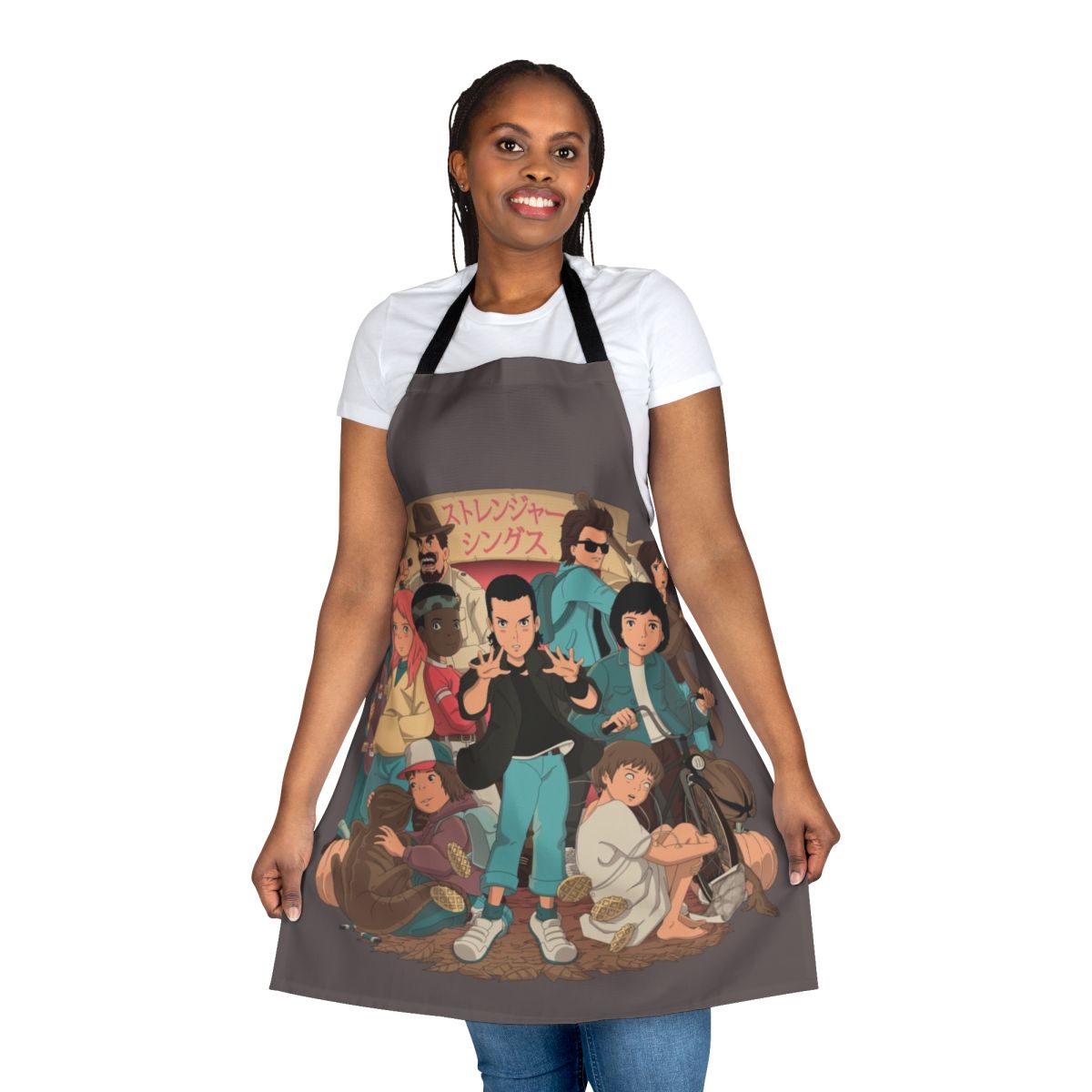 Stranger Things inspired anime-style apron featuring characters like Eleven, Dustin, and the Demogorgon.