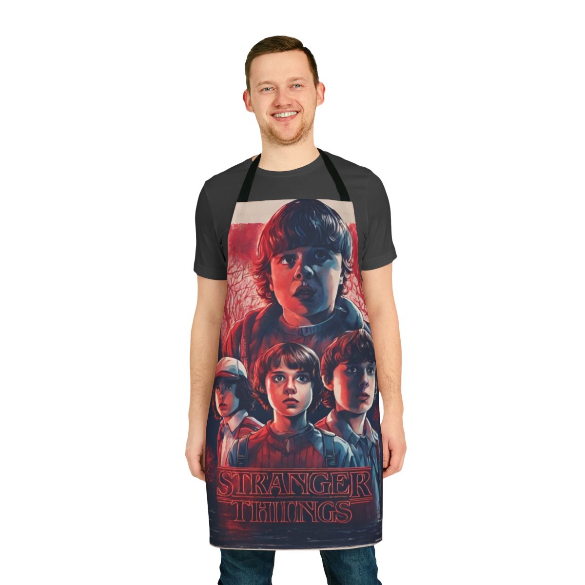 Stranger Things Apron featuring characters and imagery from the popular Netflix series