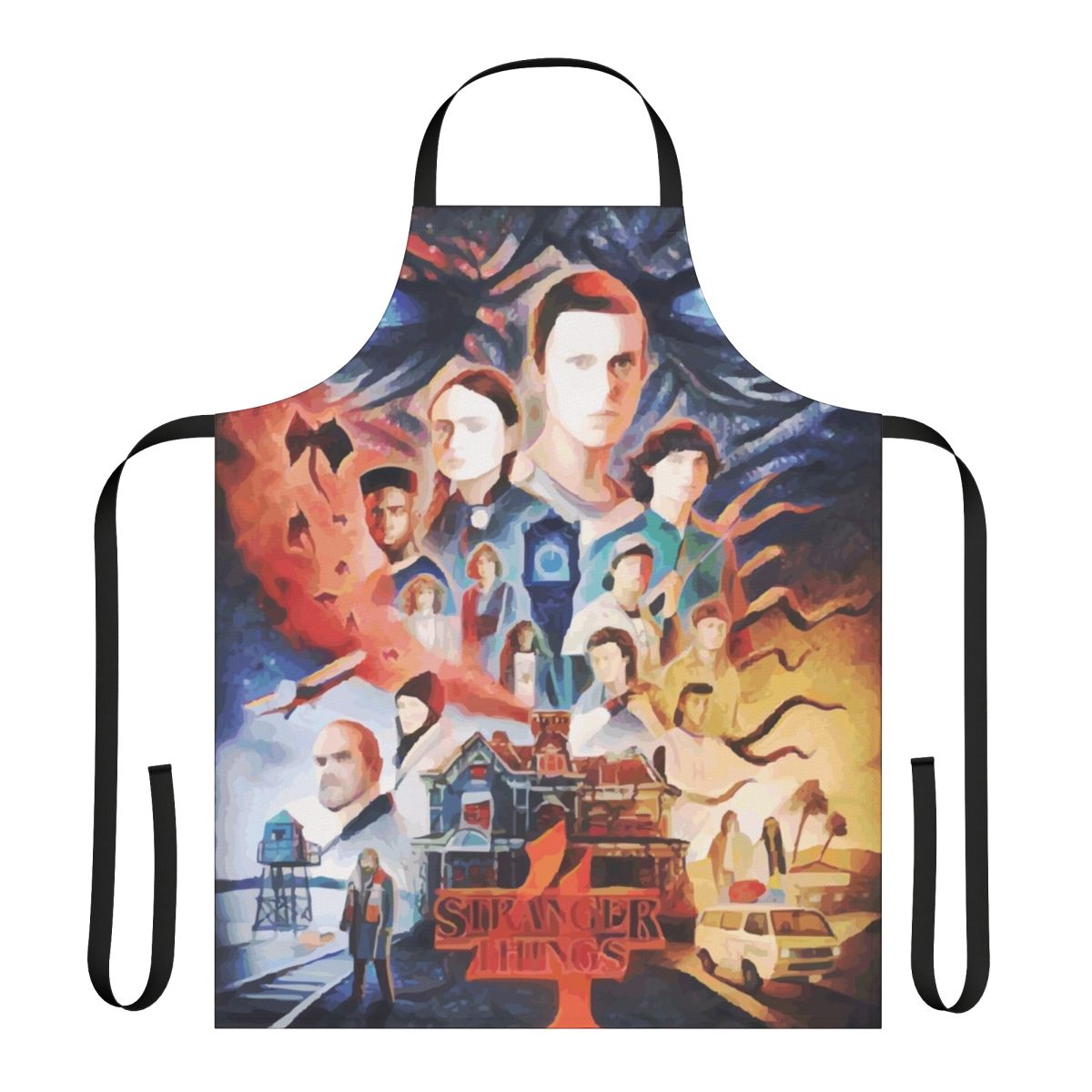 Stranger Things inspired apron featuring characters from the popular Netflix series