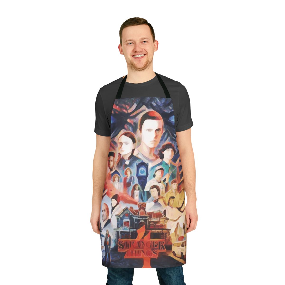 Stranger Things inspired apron featuring characters from the popular Netflix series
