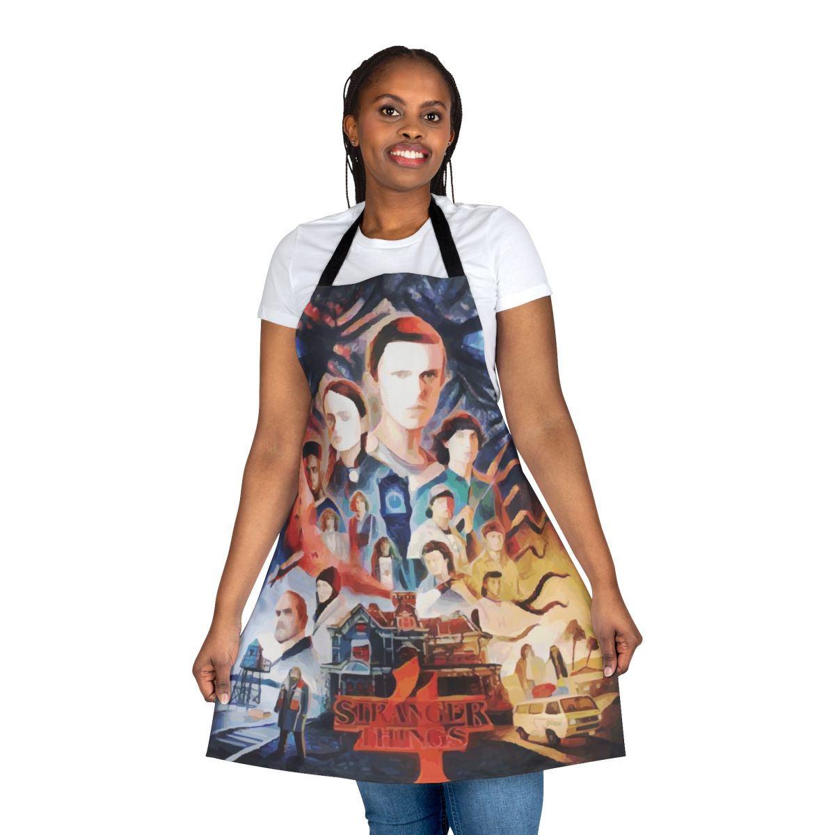 Stranger Things inspired apron featuring characters from the popular Netflix series