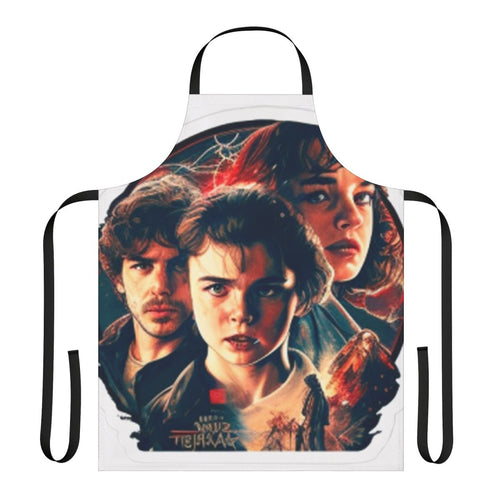 Stranger Things inspired apron featuring characters and imagery from the popular Netflix series.