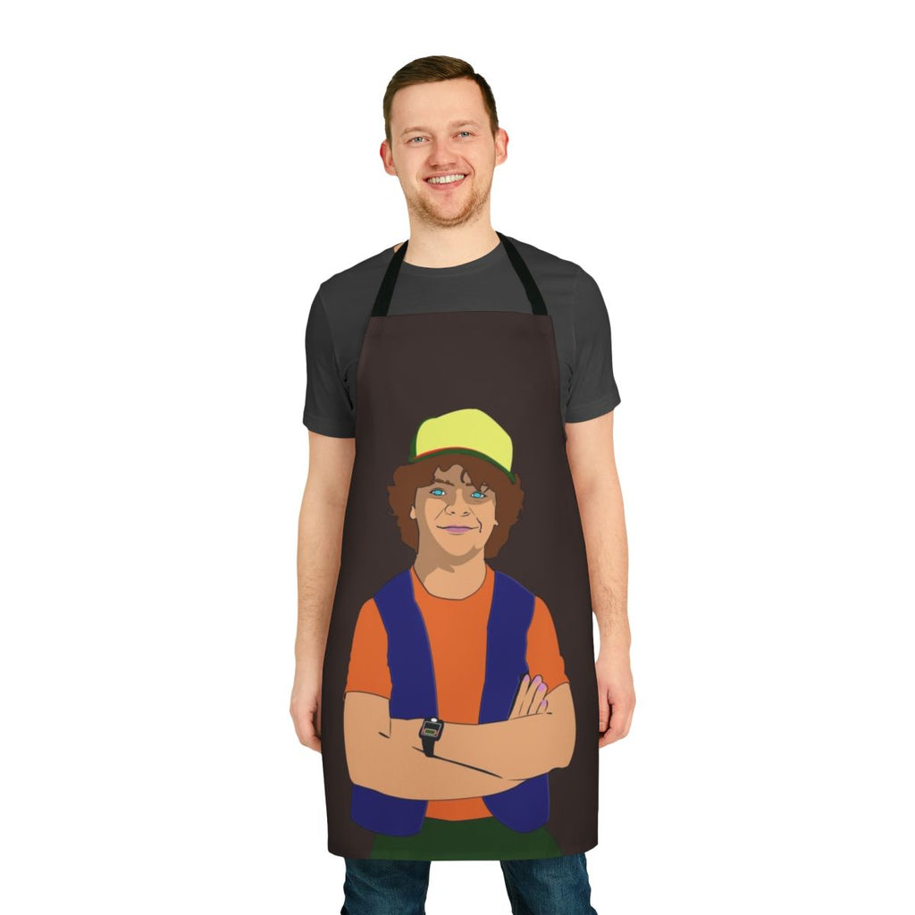 A handmade Stranger Things-inspired apron with the show's logo and characters.