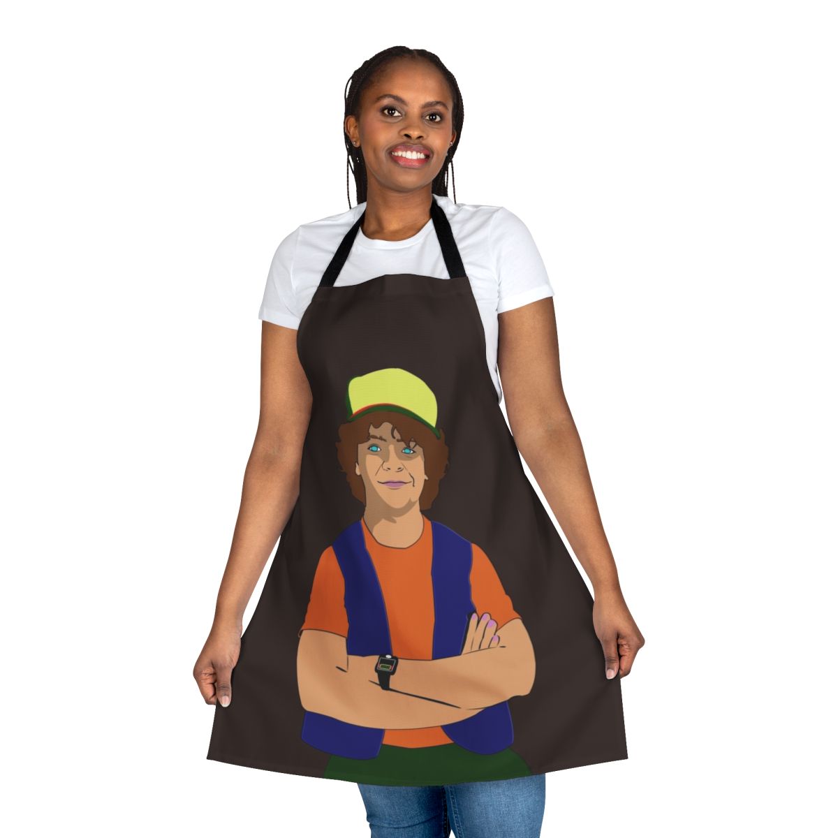 A handmade Stranger Things-inspired apron with the show's logo and characters.