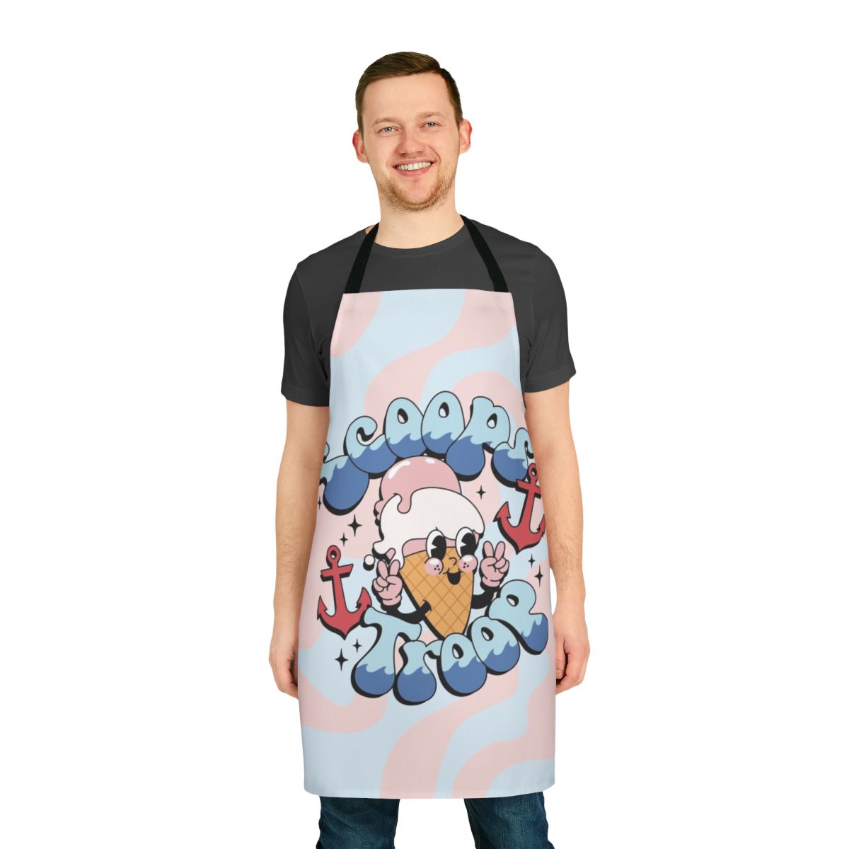 Stranger Things themed apron featuring the Scoops Troop characters