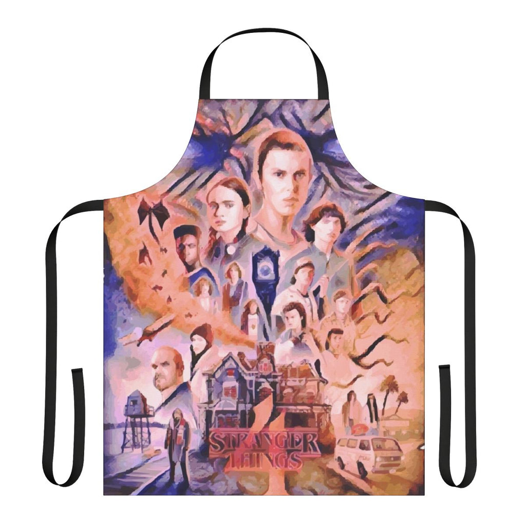 Stranger Things themed apron featuring character imagery and designs