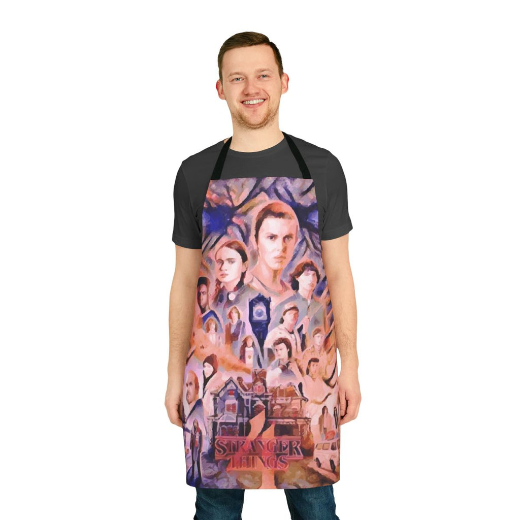 Stranger Things themed apron featuring character imagery and designs