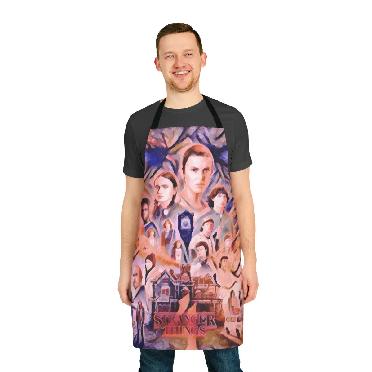 Stranger Things themed apron featuring character imagery and designs