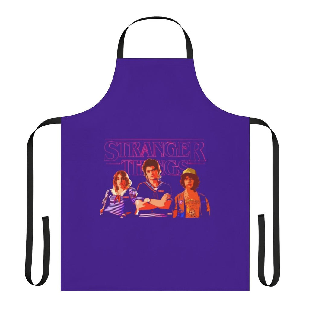 Stranger Things inspired apron featuring characters Steve Harrington, Dustin Henderson and Robin Buckley
