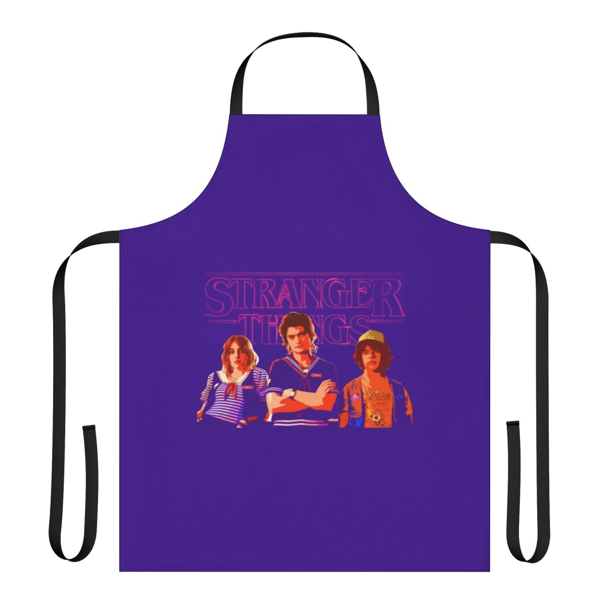 Stranger Things inspired apron featuring characters Steve Harrington, Dustin Henderson and Robin Buckley