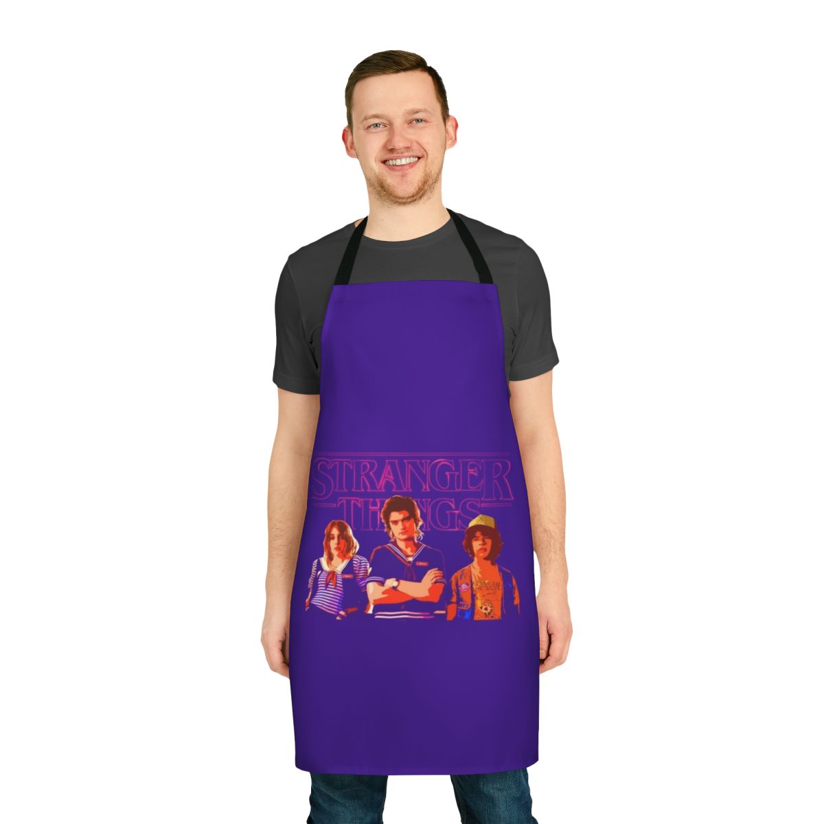 Stranger Things inspired apron featuring characters Steve Harrington, Dustin Henderson and Robin Buckley