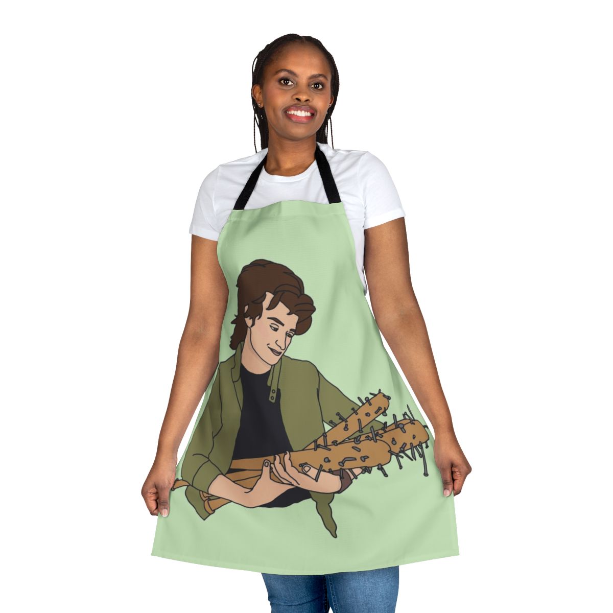 Apron featuring the character Steve Harrington from the Netflix series Stranger Things holding a baseball bat.