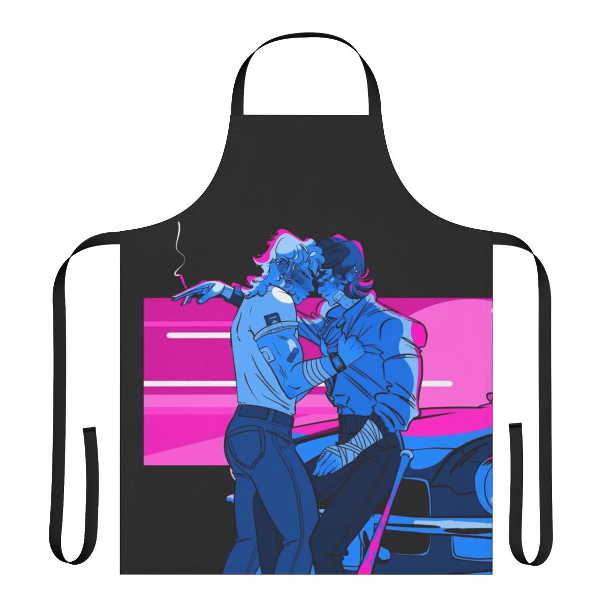A blue apron featuring a sunset design, inspired by the characters of Stranger Things.