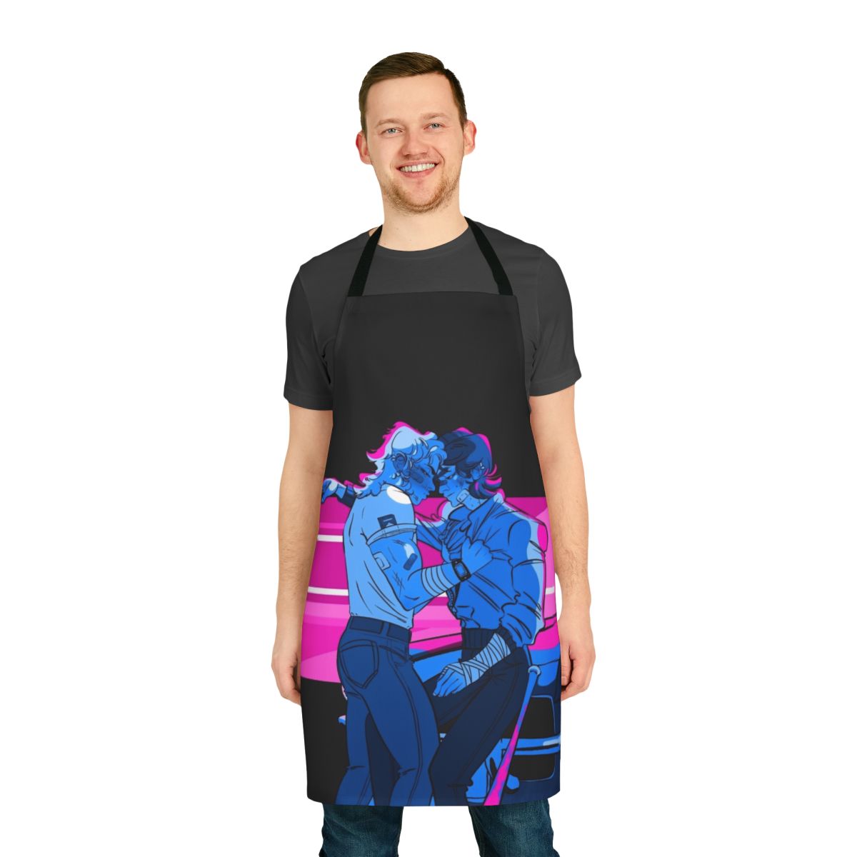 A blue apron featuring a sunset design, inspired by the characters of Stranger Things.
