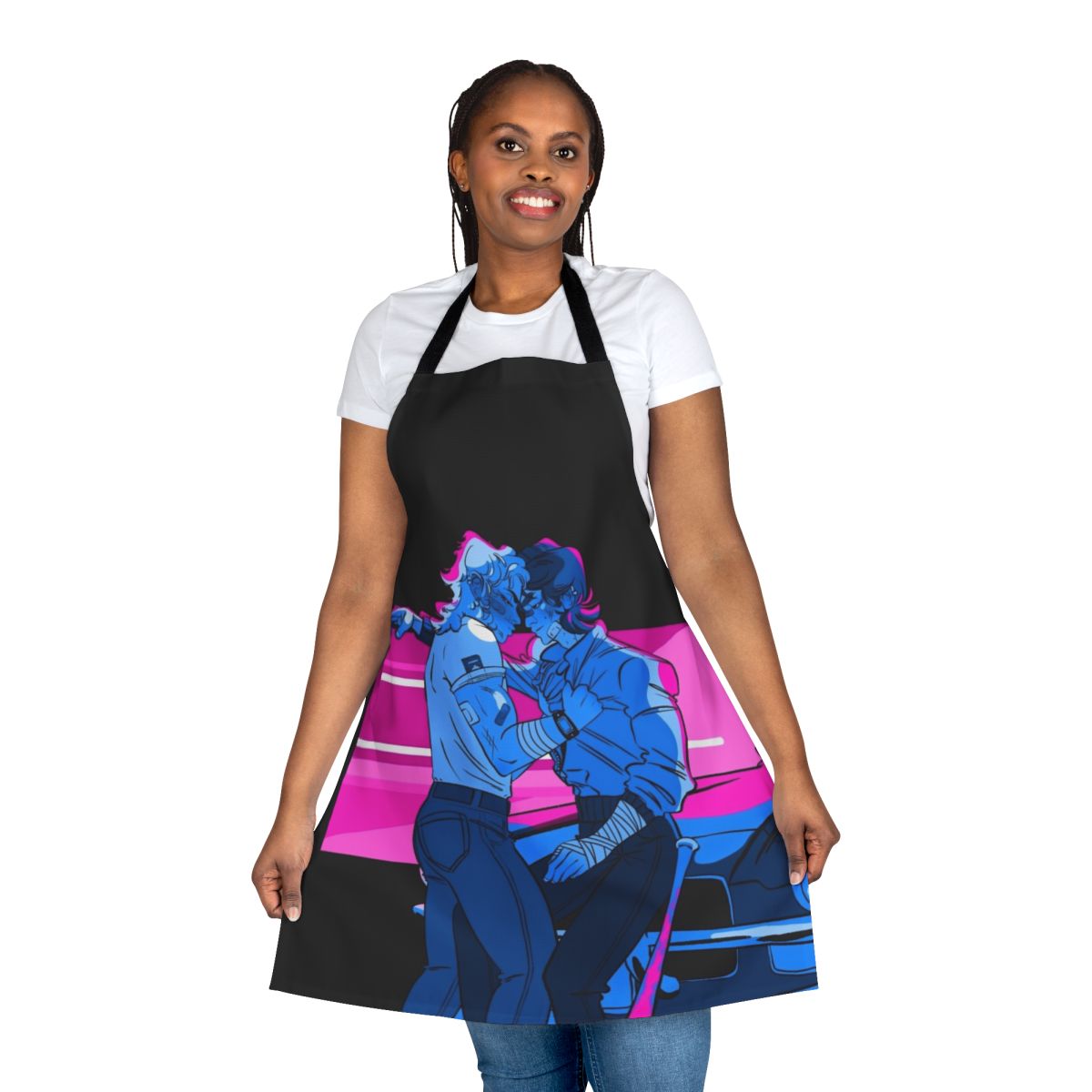 A blue apron featuring a sunset design, inspired by the characters of Stranger Things.