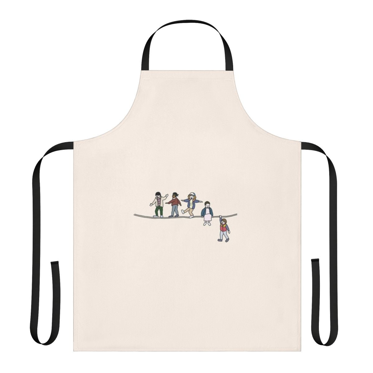 Stranger Things inspired apron featuring a cartoon design with acrobat and flea characters