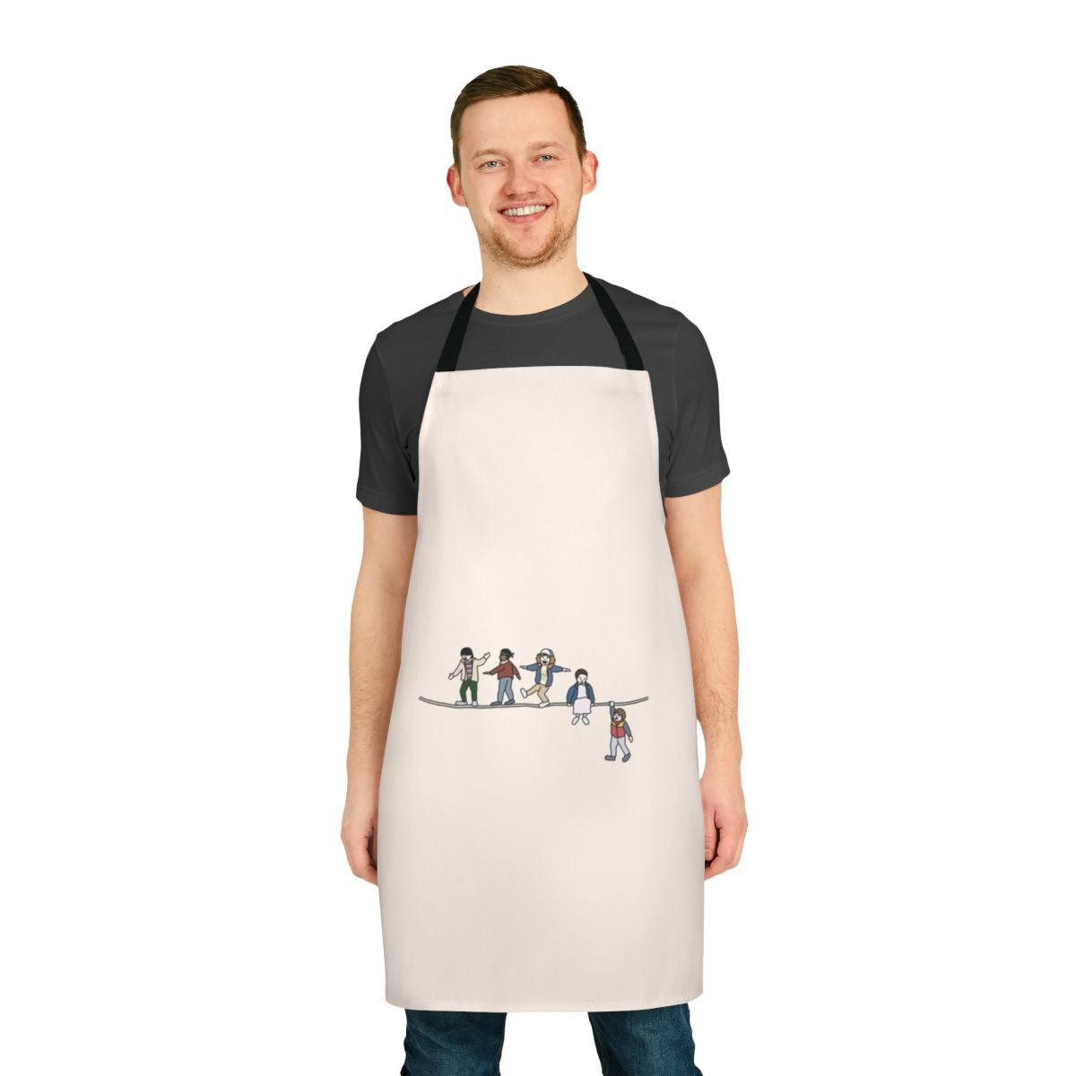 Stranger Things inspired apron featuring a cartoon design with acrobat and flea characters