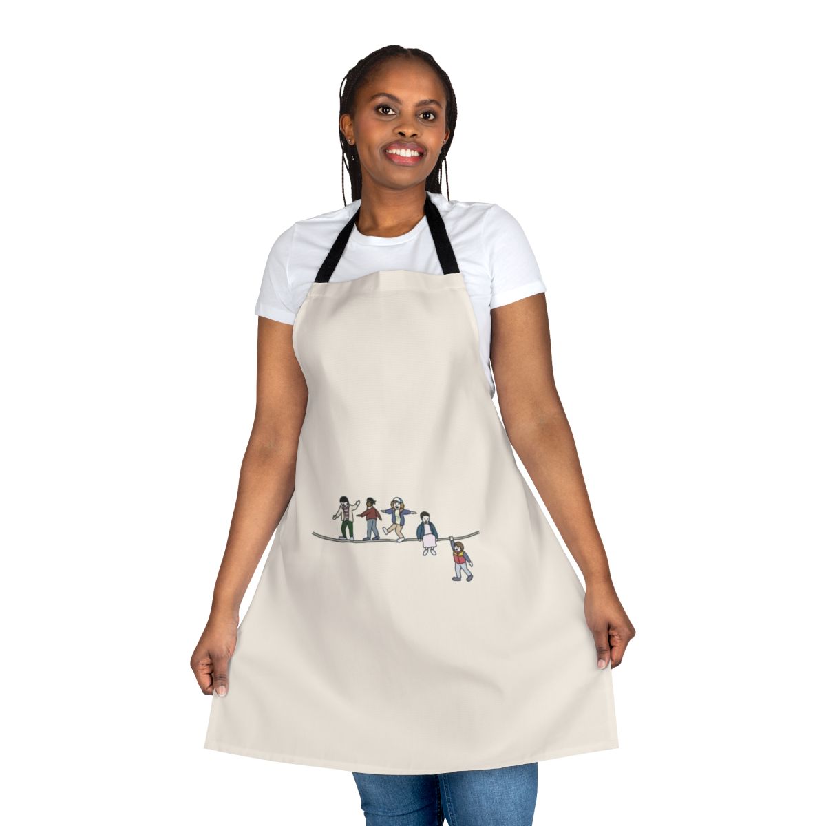 Stranger Things inspired apron featuring a cartoon design with acrobat and flea characters