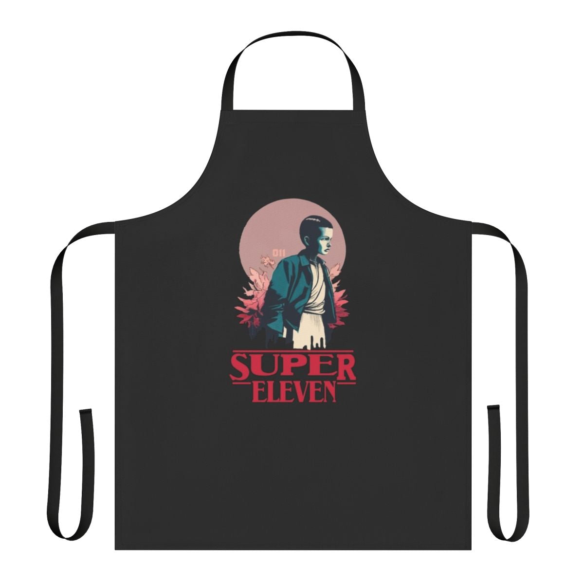 Stranger Things inspired apron featuring the character Eleven on a black background