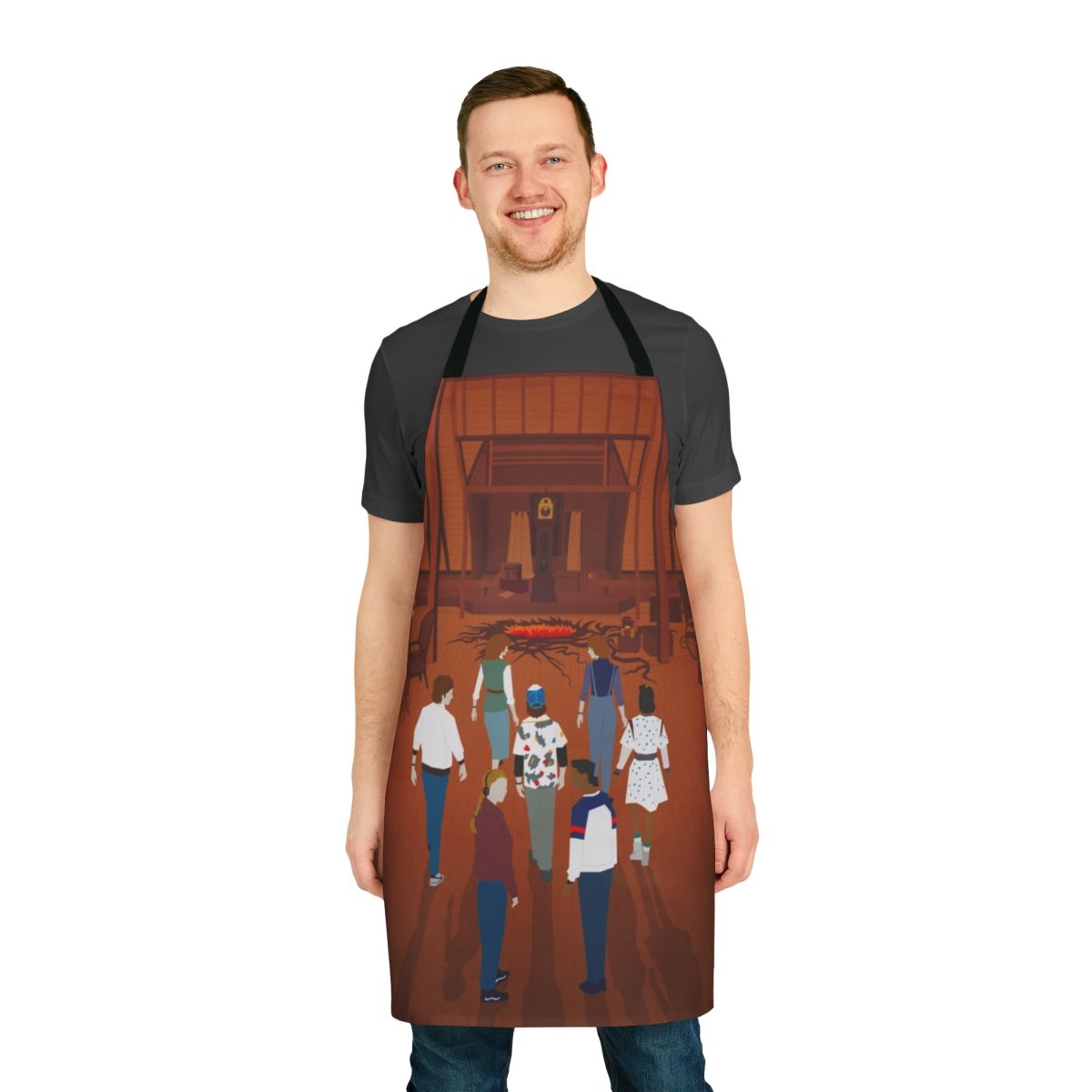 Stranger Things fan art print apron featuring characters from the Netflix series