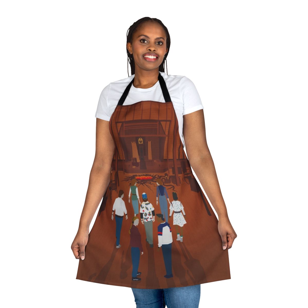Stranger Things fan art print apron featuring characters from the Netflix series