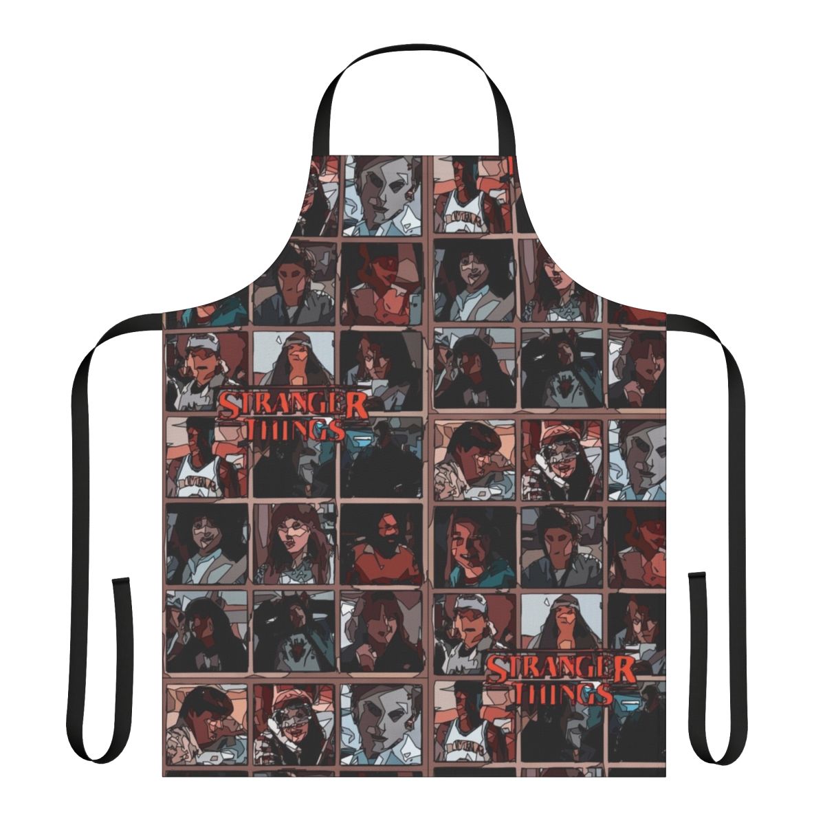 Stranger Things inspired fanart kitchen apron with characters Eleven, Steve Harrington, and Eddie Munson