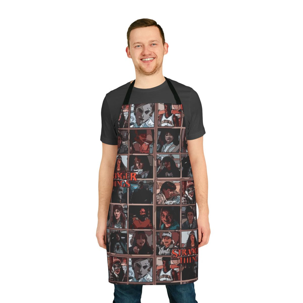 Stranger Things inspired fanart kitchen apron with characters Eleven, Steve Harrington, and Eddie Munson
