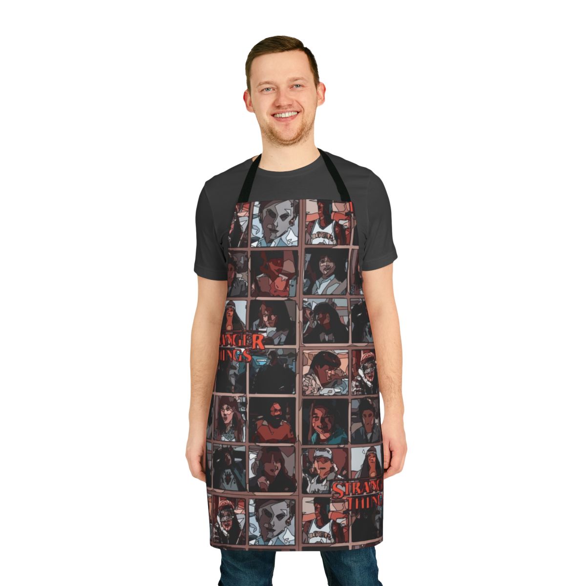 Stranger Things inspired fanart kitchen apron with characters Eleven, Steve Harrington, and Eddie Munson