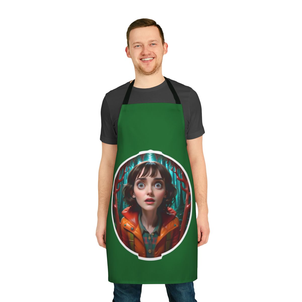 Stylized apron featuring the character Joyce Byers from the Netflix series Stranger Things.