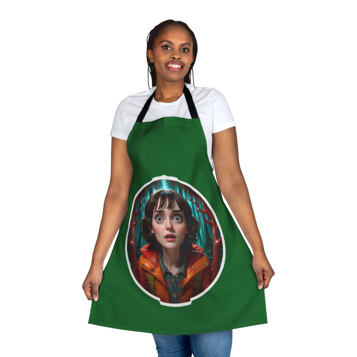 Stylized apron featuring the character Joyce Byers from the Netflix series Stranger Things.