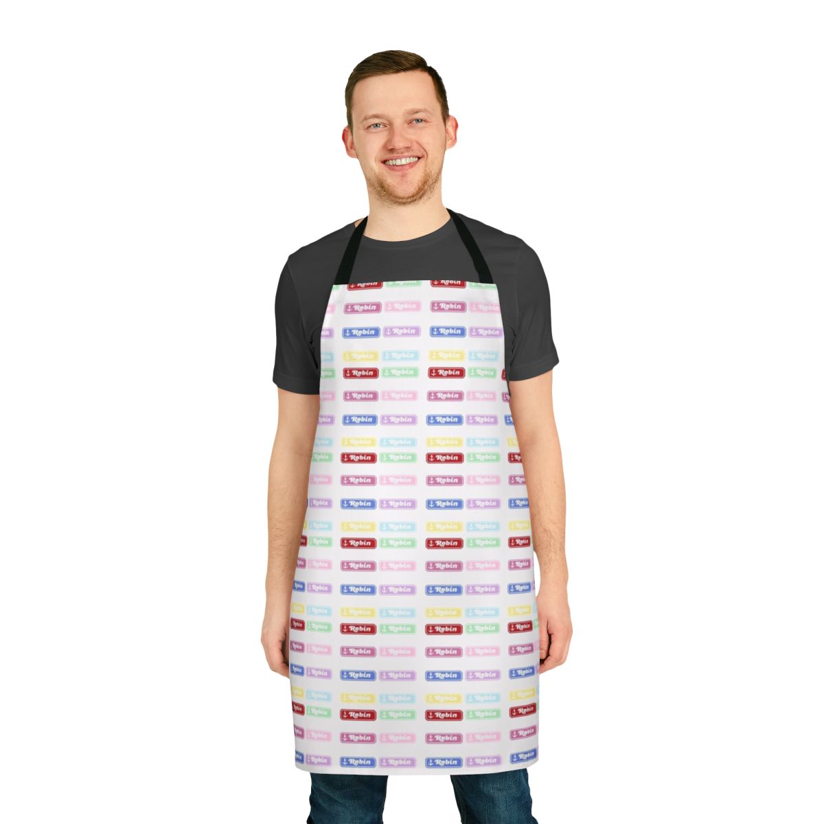 Stranger Things themed apron featuring Robin Buckley's name tag design