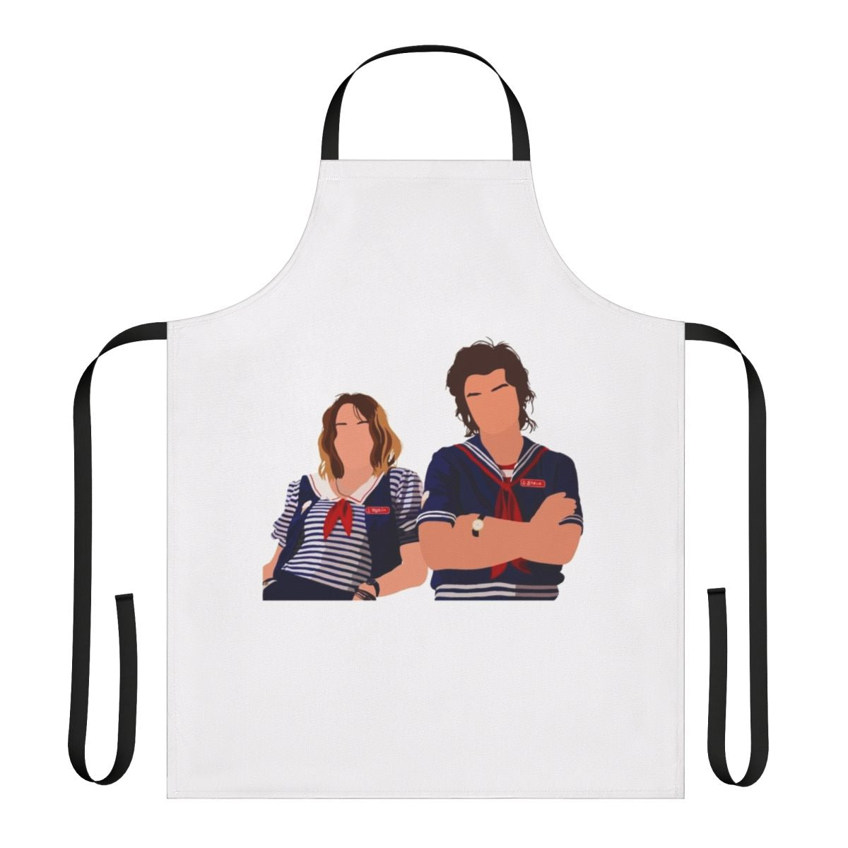 Steve Harrington and Robin Buckley from Stranger Things on a custom apron
